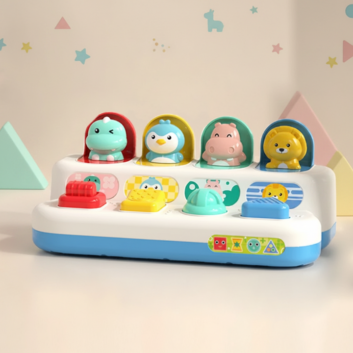 Animals activity toy with four pop-up figures and colorful controls