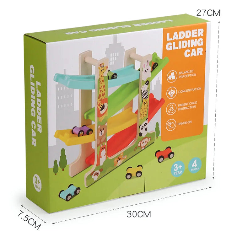 Animals wooden ramp racer packaging with 30 x 27 x 7.5 cm package measurements