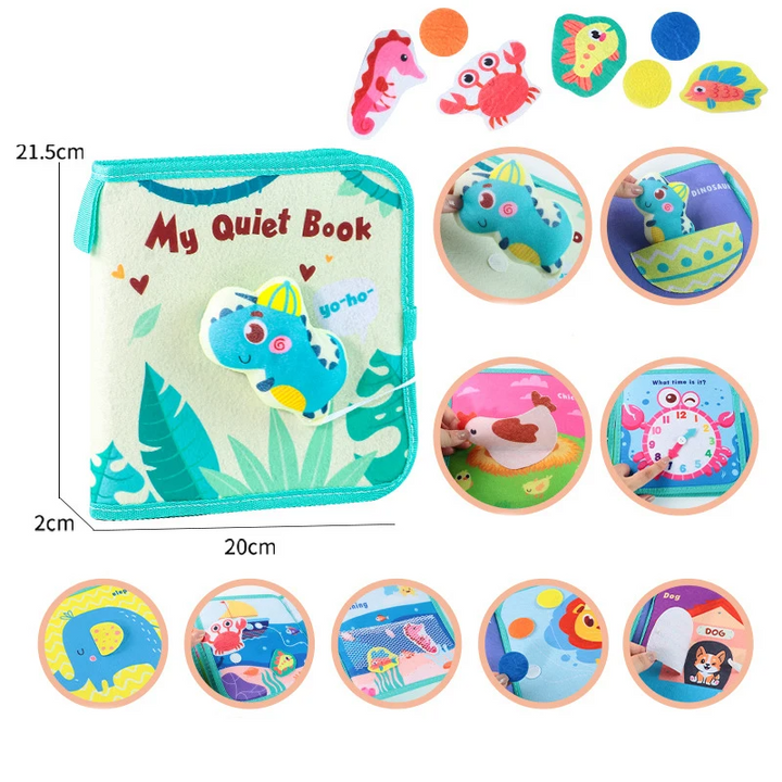 Animals 3 zippered busy book with ocean-themed activities, shown measuring 21.5 x 20 x 2 cm