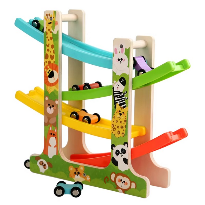 Animal-themed wooden ramp racer with colorful tracks and small rolling cars