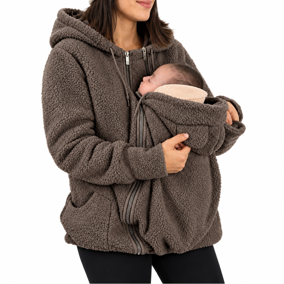 Anthracite gray babywearing jacket modeled with a baby in the front section