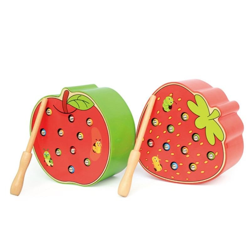 Apple and strawberry wooden magnetic worm games with fishing rods