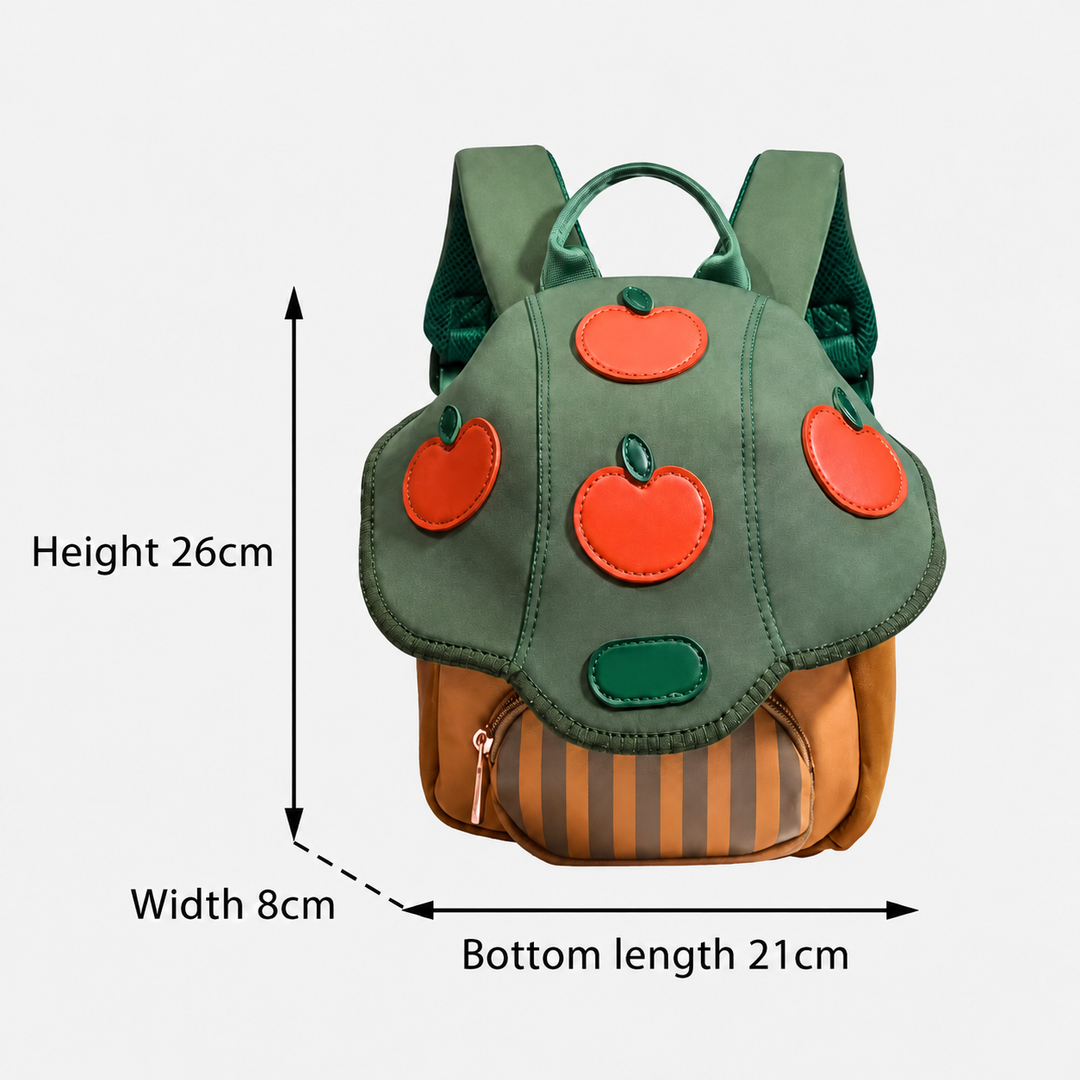 Apple Tree backpack measurement diagram showing 26 cm height, 8 cm width, and 21 cm bottom length.