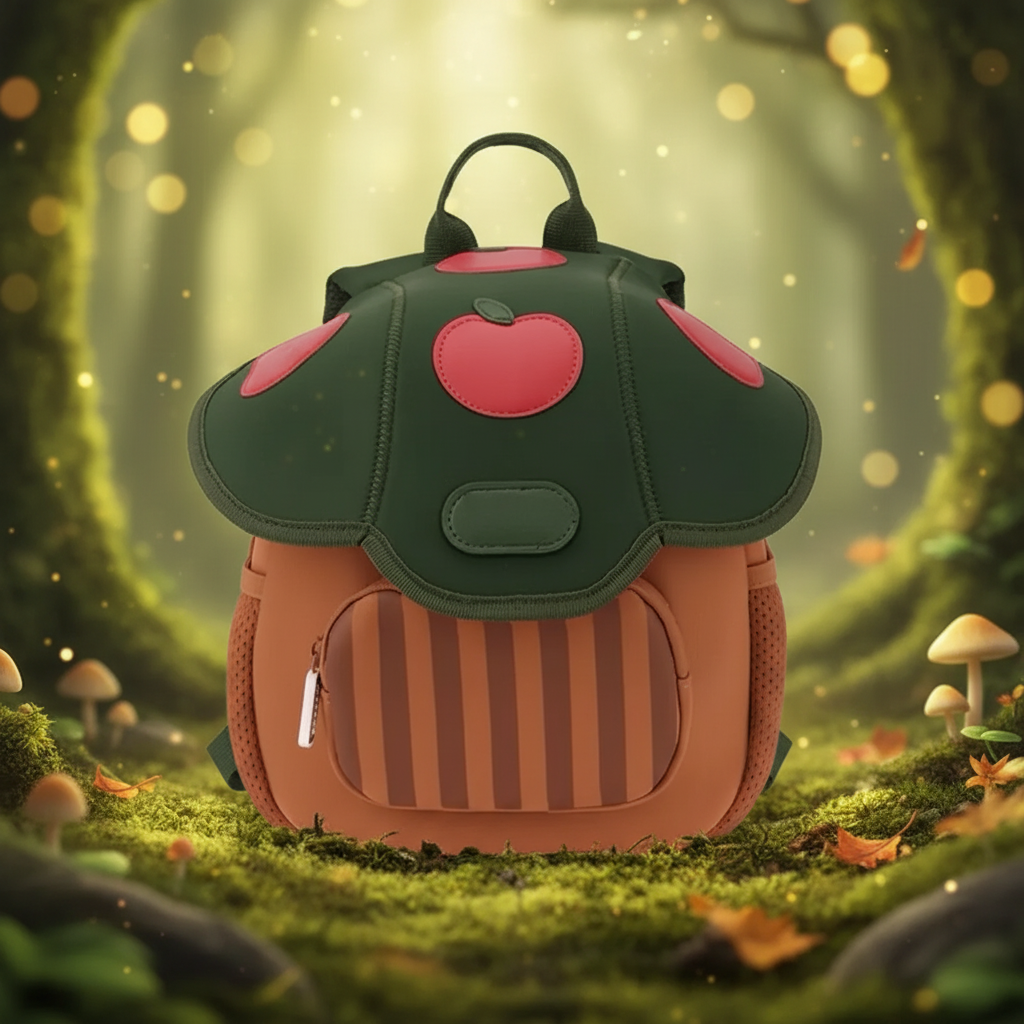 Apple Tree backpack with a green apple-decorated top and brown striped front pocket in a woodland setting.