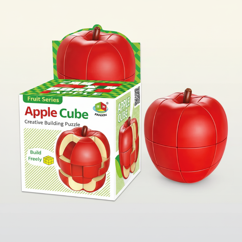 Red apple-shaped twist puzzle displayed beside its retail box
