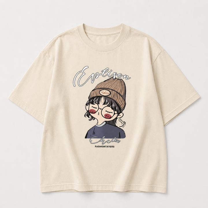 Apricot oversized T-shirt with a cartoon girl graphic and crew neckline