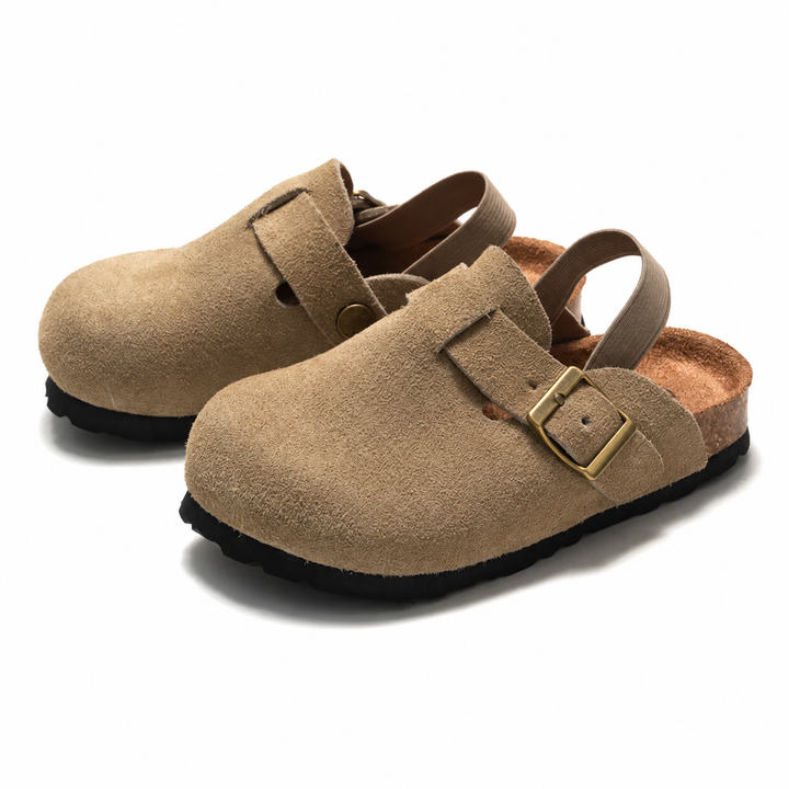 Pair of Apricot suede-look clog sandals with buckle details and elastic heel straps