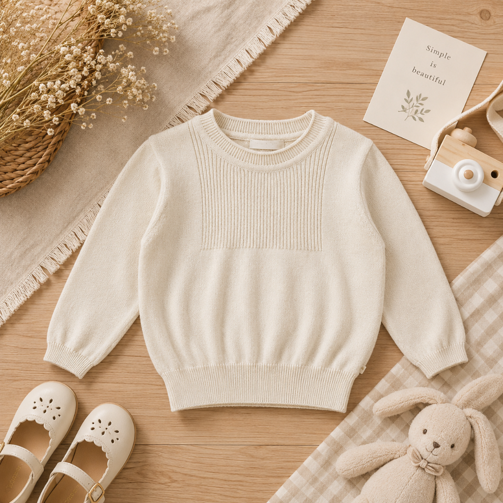 Apricot cotton pullover with a ribbed chest panel, cuffs, and hem