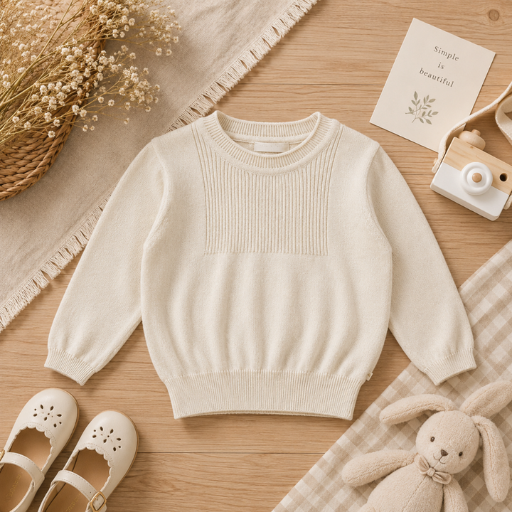 Apricot cotton pullover with a ribbed chest panel, cuffs, and hem