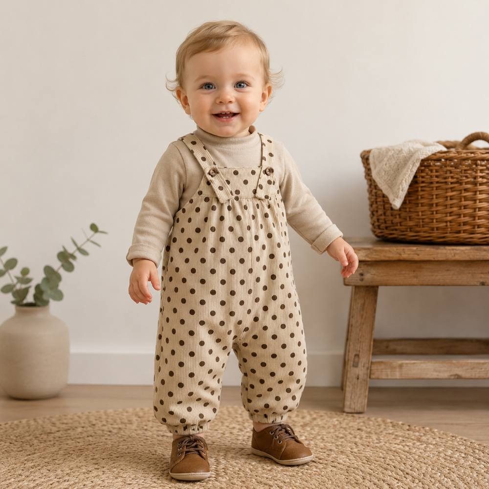 Child wearing an apricot polka-dot baby jumpsuit over a neutral long-sleeve sweater.