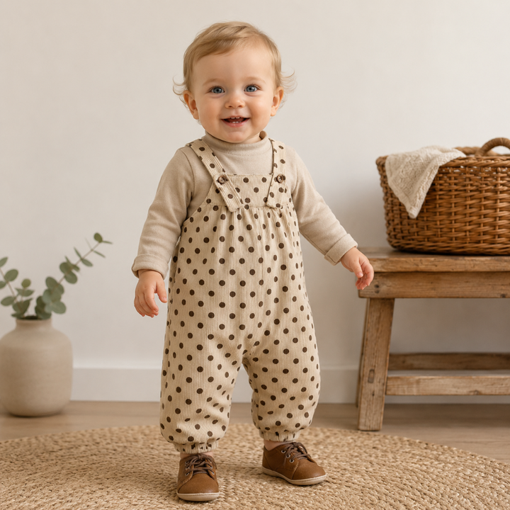 Child wearing an apricot polka-dot baby jumpsuit over a neutral long-sleeve sweater.