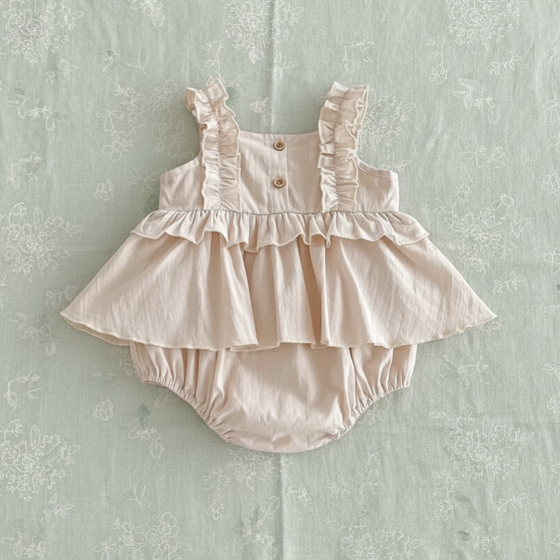Apricot baby dress romper laid flat with bodice buttons, ruffled straps and a built-in bloomer