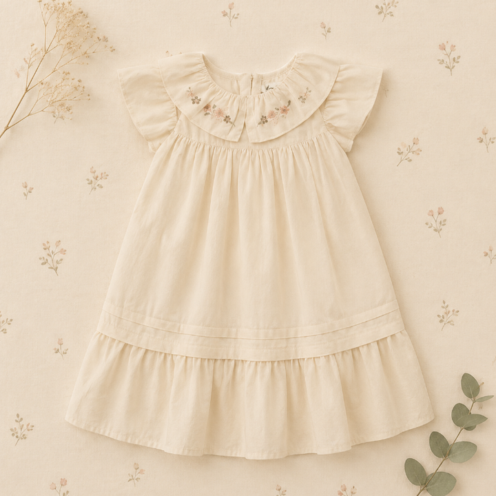 Front view of the apricot dress with an embroidered collar, flutter sleeves and a tiered skirt