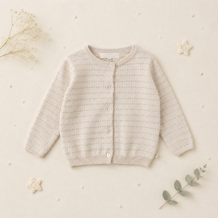 Apricot long-sleeve pointelle cardigan with a round neckline and full button front