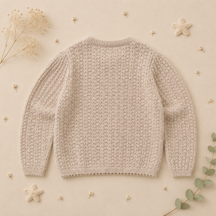 Back of the apricot cardigan showing the textured knit and long sleeves