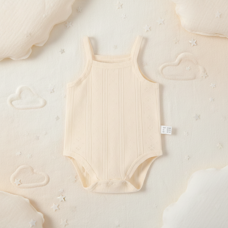 Apricot ribbed baby bodysuit with thin straps on a cream-colored background