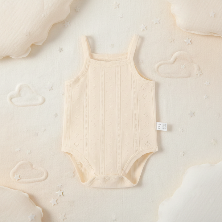 Apricot ribbed baby bodysuit with thin straps on a cream-colored background
