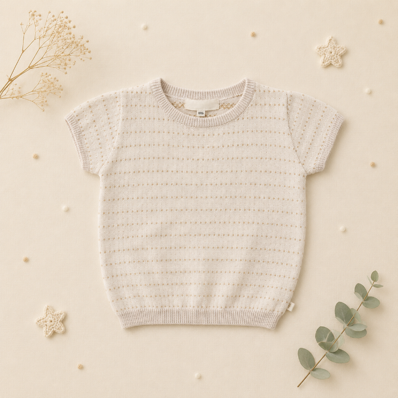 Apricot short-sleeve pointelle knit top with a round neckline and ribbed hem