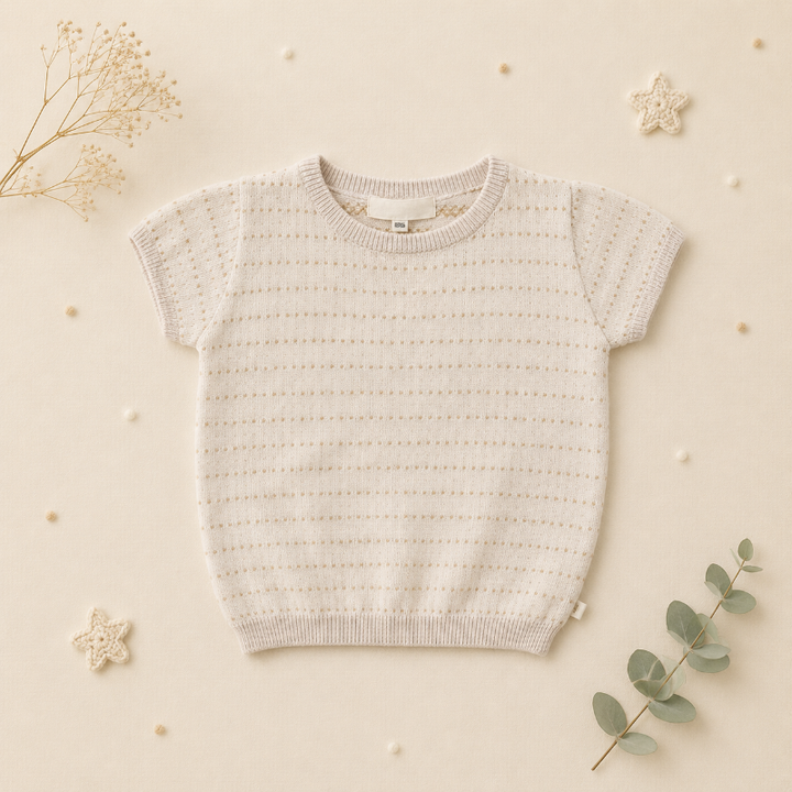 Apricot short-sleeve pointelle knit top with a round neckline and ribbed hem