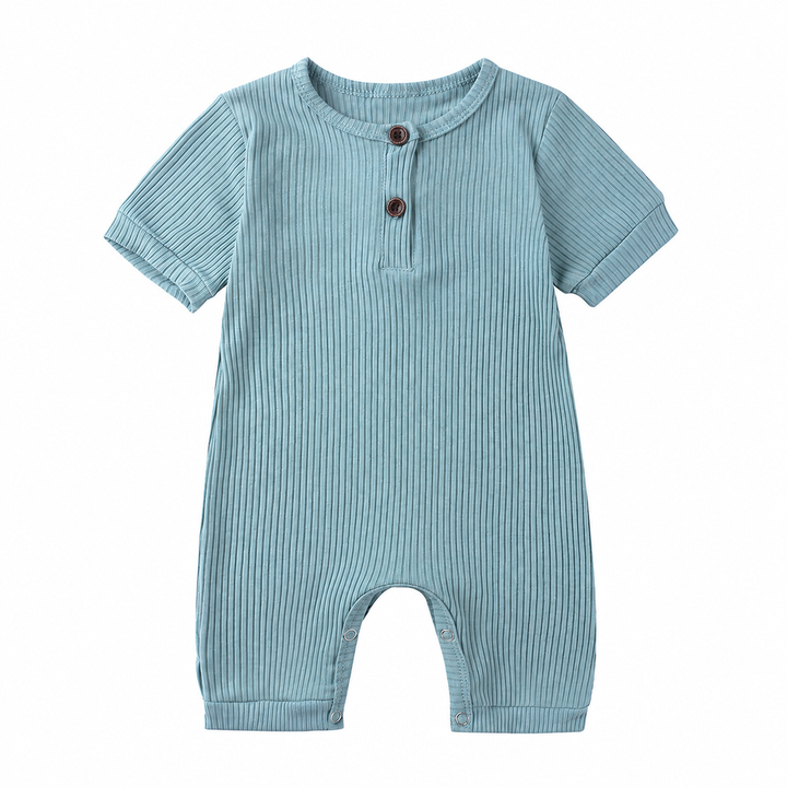 Aqua blue ribbed baby romper with short sleeves and snaps along the inner legs