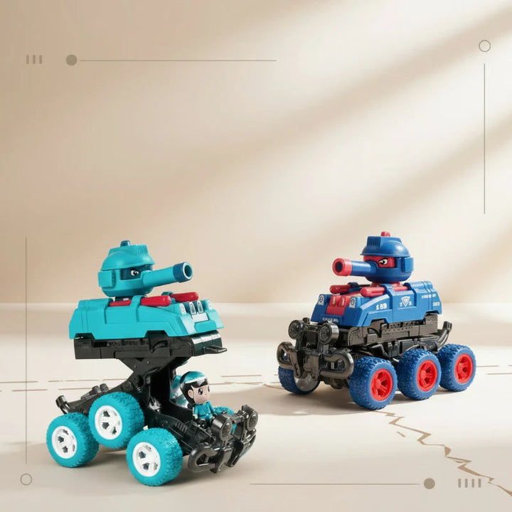 Aquamarine toy tank in raised form beside a blue tank in compact form