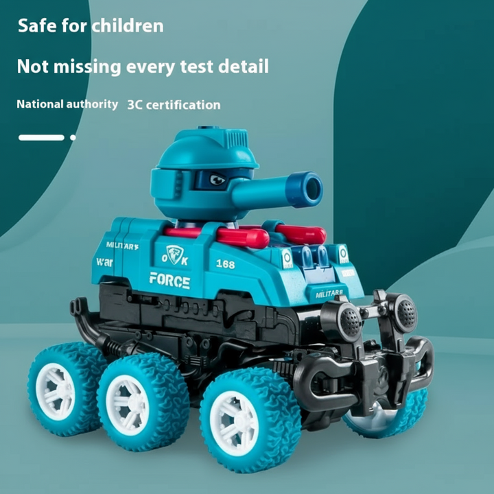 Aquamarine toy tank with a cannon, six textured tires, and white wheels