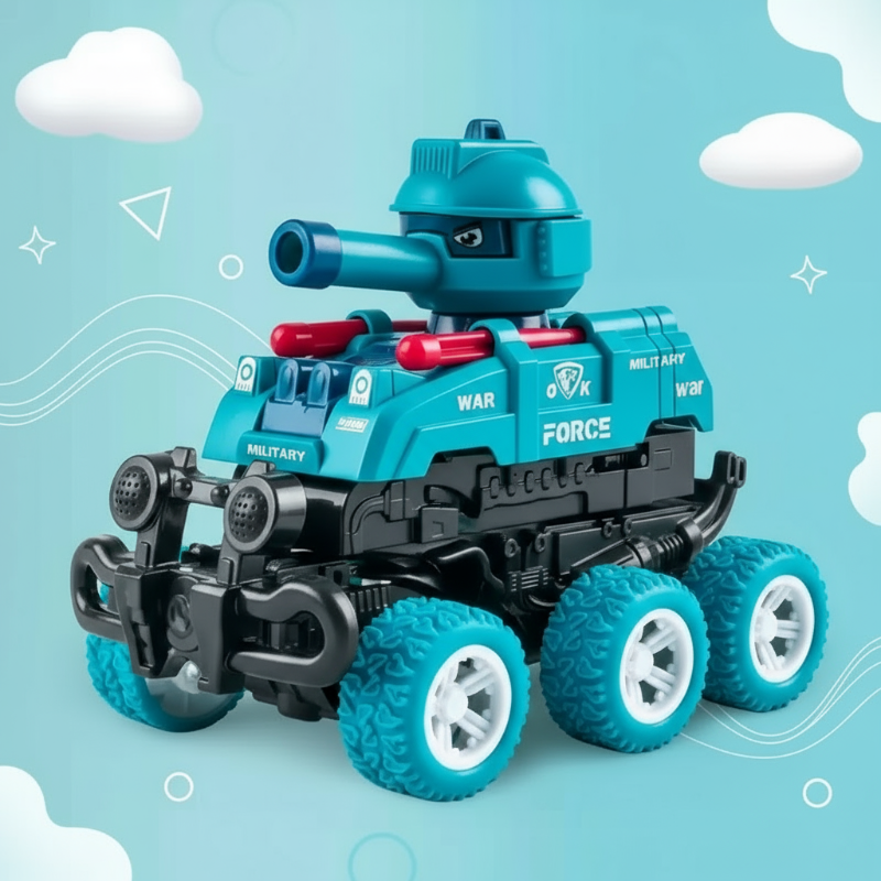 Aquamarine toy tank in compact form with six wheels