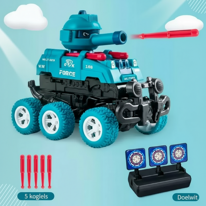 Aquamarine toy tank shown with five red projectiles and a three-target stand