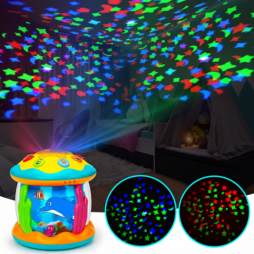 Aquarium projector casting colorful shapes across a dark bedroom ceiling