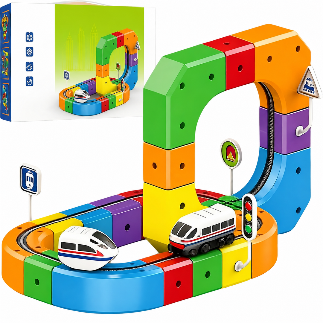 Colorful cube train track with a tall arch, two white trains, road signs, and a box.