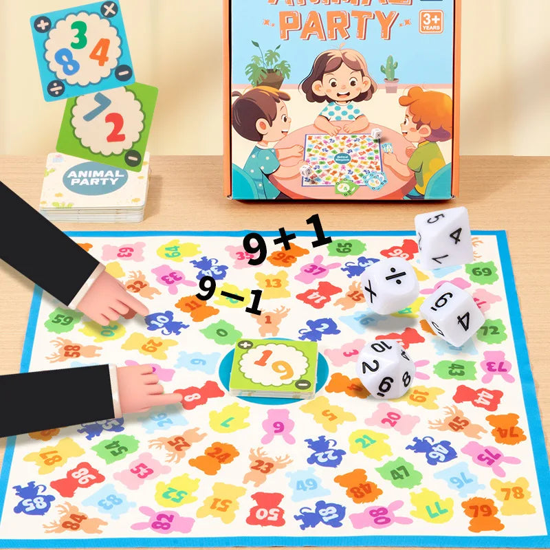 A hand points to the Animal Party number board beside cards and arithmetic dice.