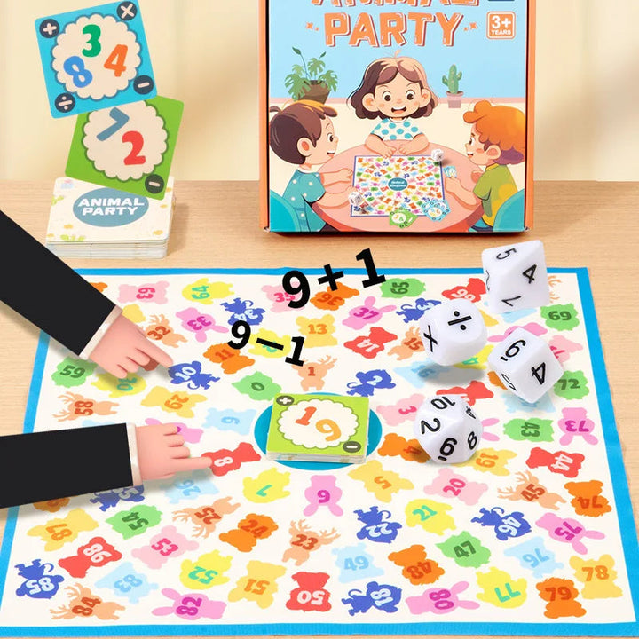 A hand points to the Animal Party number board beside cards and arithmetic dice.