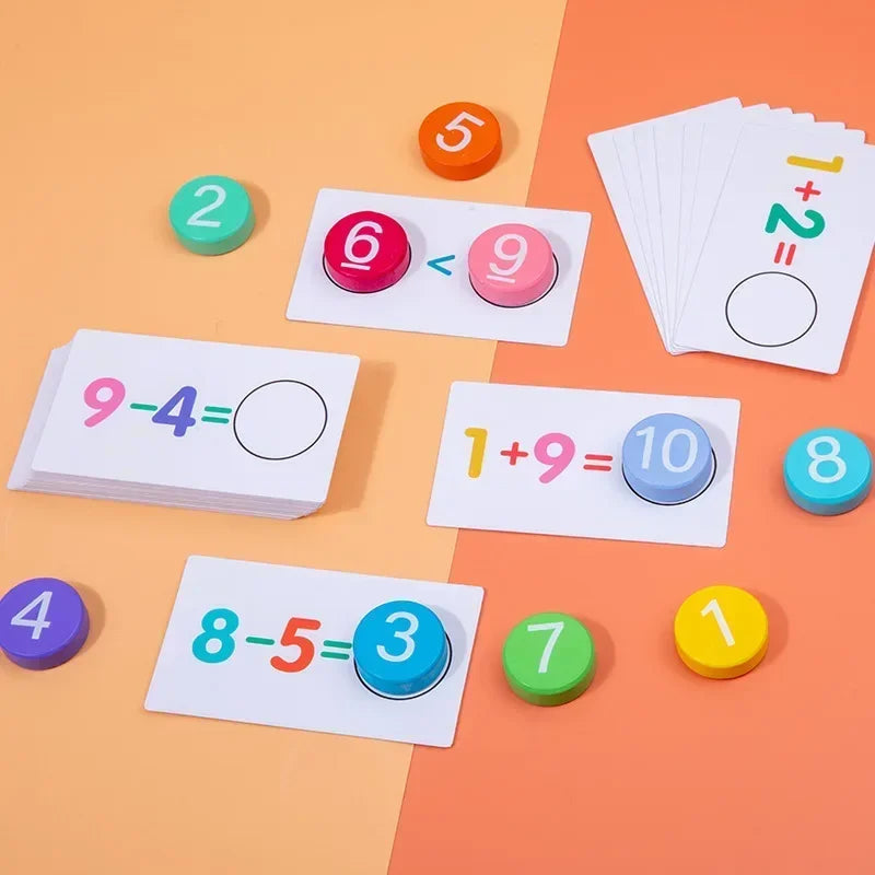 Number tokens beside addition, subtraction, and comparison cards on an orange background