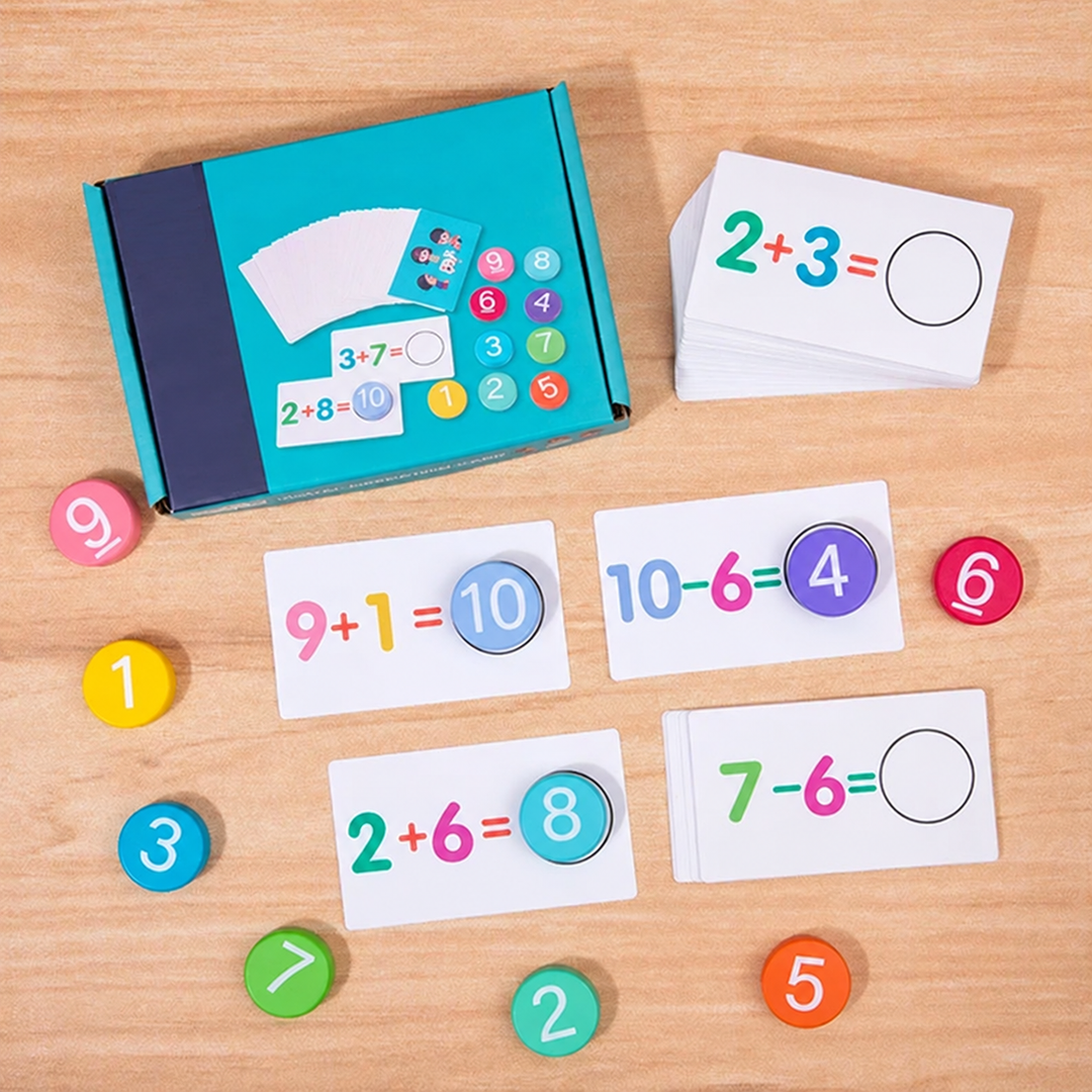 Storage box, equation cards, and wooden number tokens arranged on a wooden table