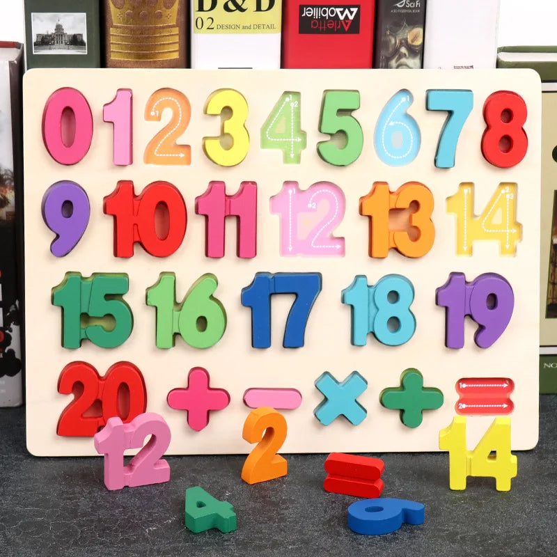 Wooden number puzzle with math symbols and several pieces placed in front of the board
