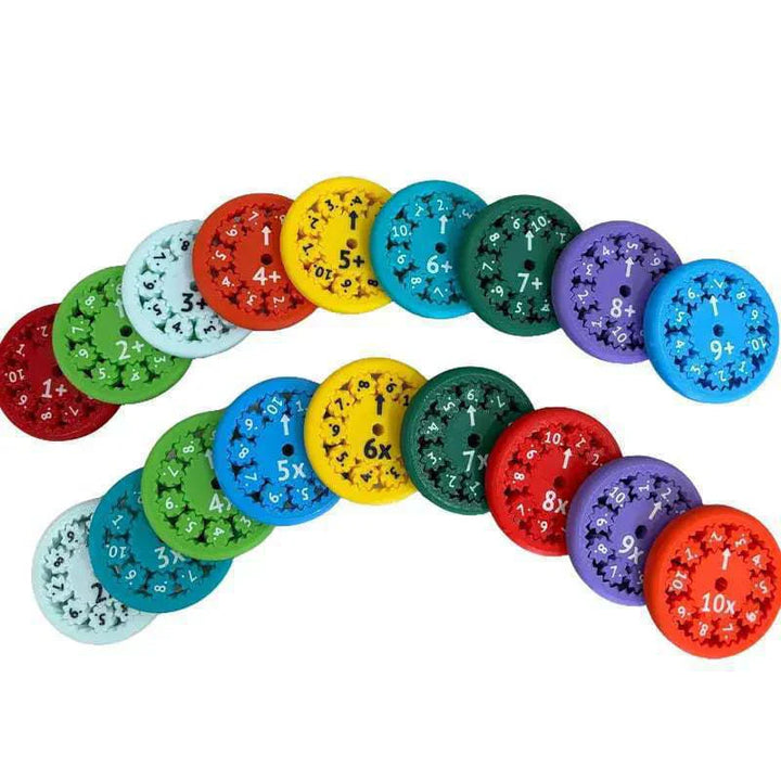 Addition and multiplication spinners displayed in two curved rows.