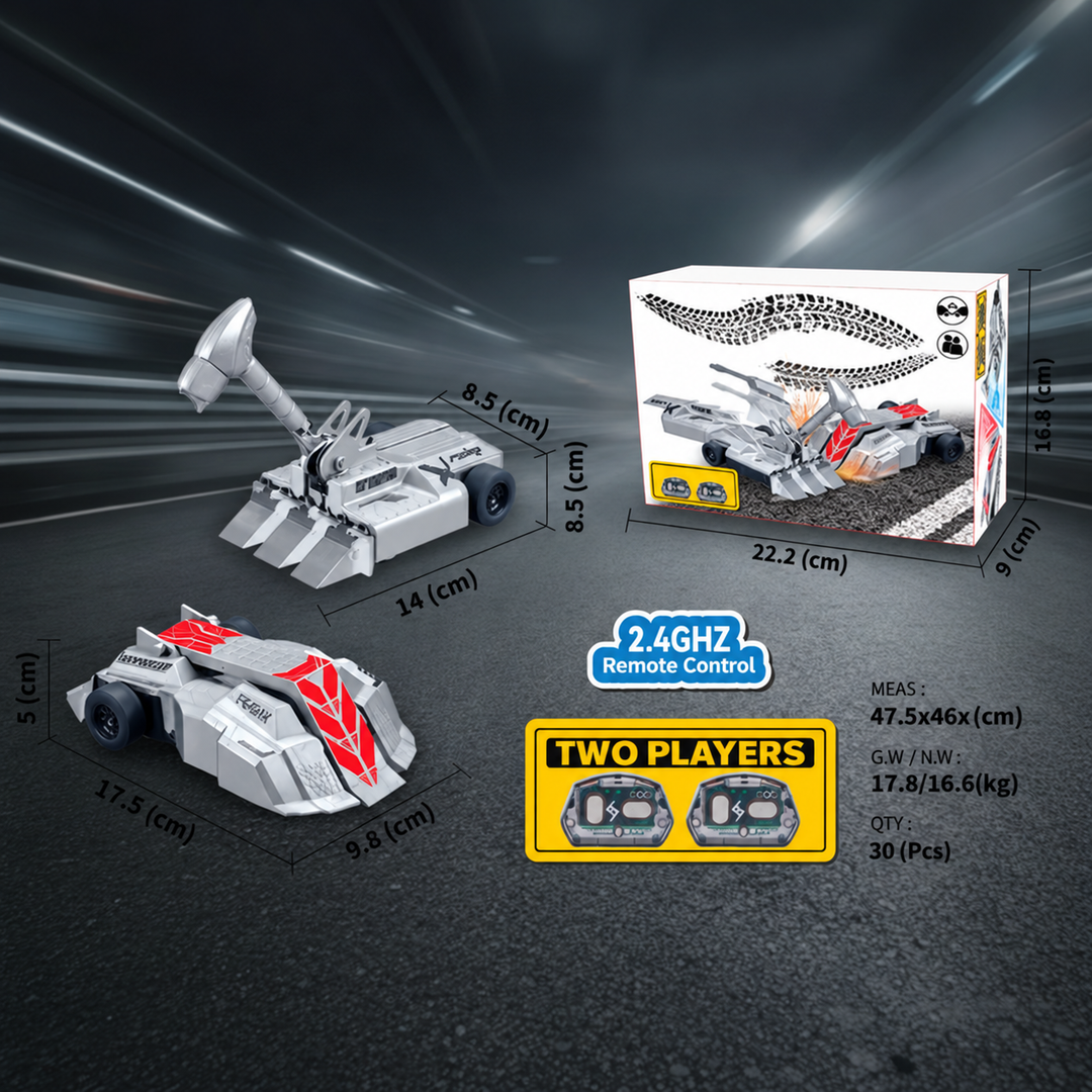 Measurement graphic showing both armored RC car designs and their retail box