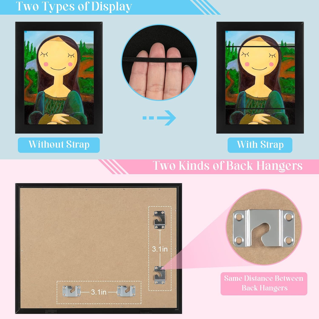 Art frame display with and without elastic straps, plus rear hanging hardware