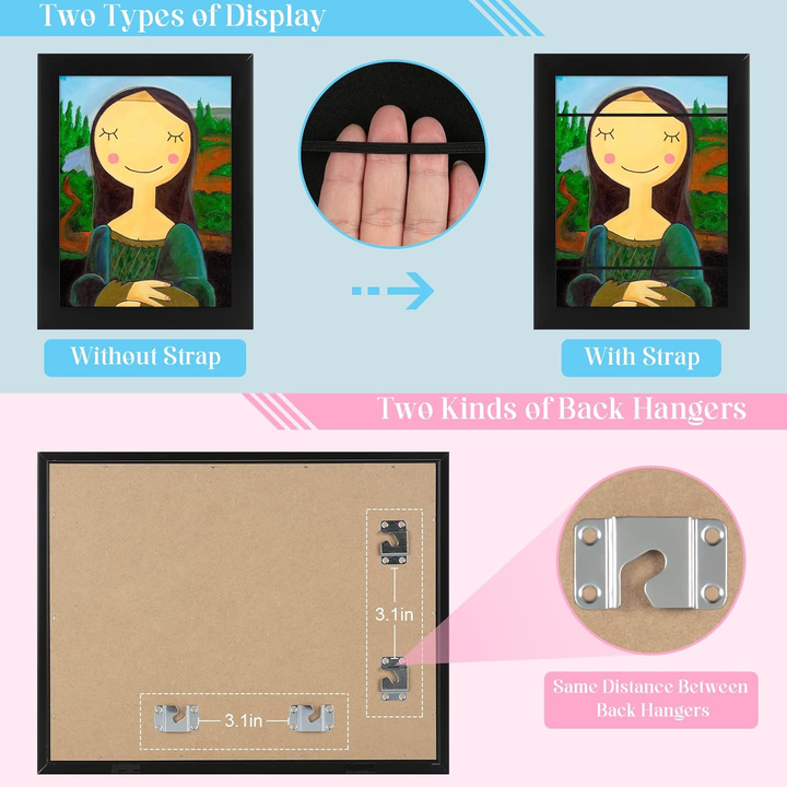 Art frame display with and without elastic straps, plus rear hanging hardware