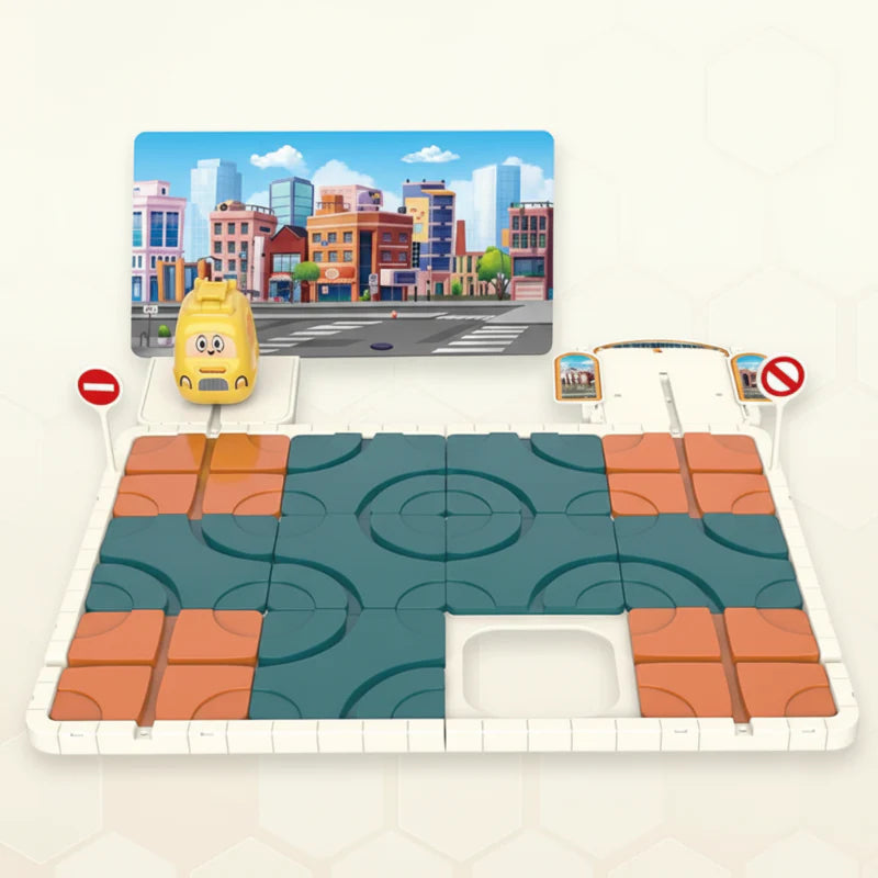 Assembled route puzzle with blue and orange track tiles, a yellow car, and two road signs