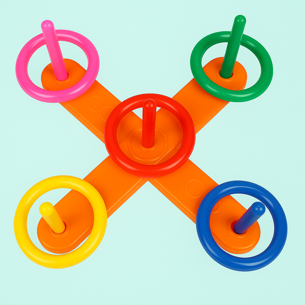 Overhead view of the assembled ring toss game with five colorful rings on a cross-shaped base