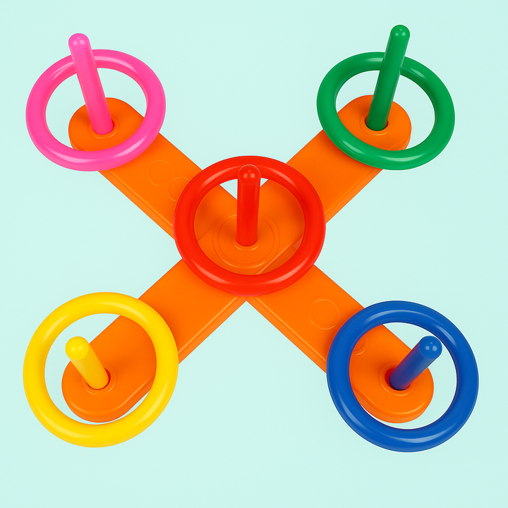 Overhead view of the assembled ring toss game with five colorful rings on a cross-shaped base