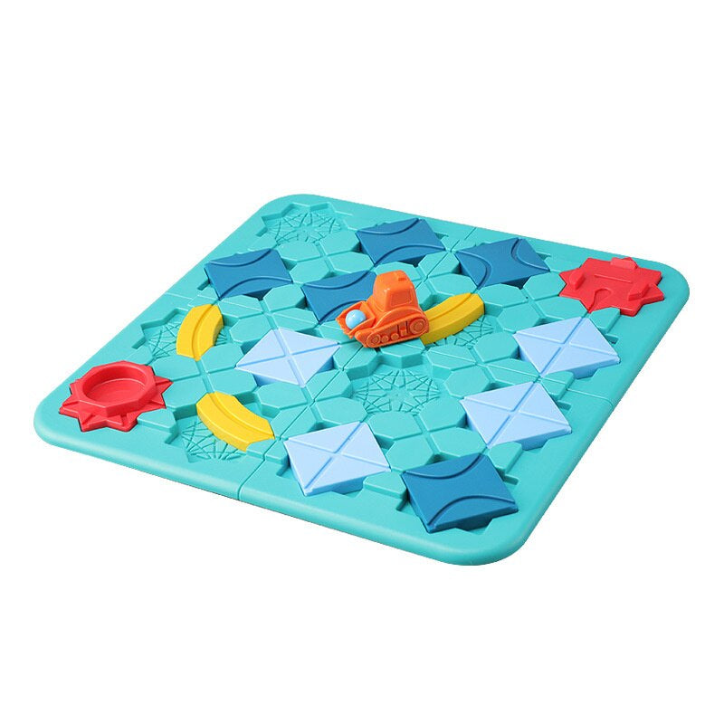 Assembled teal road-puzzle board with curved and crossing pieces, yellow bridges, and an orange vehicle