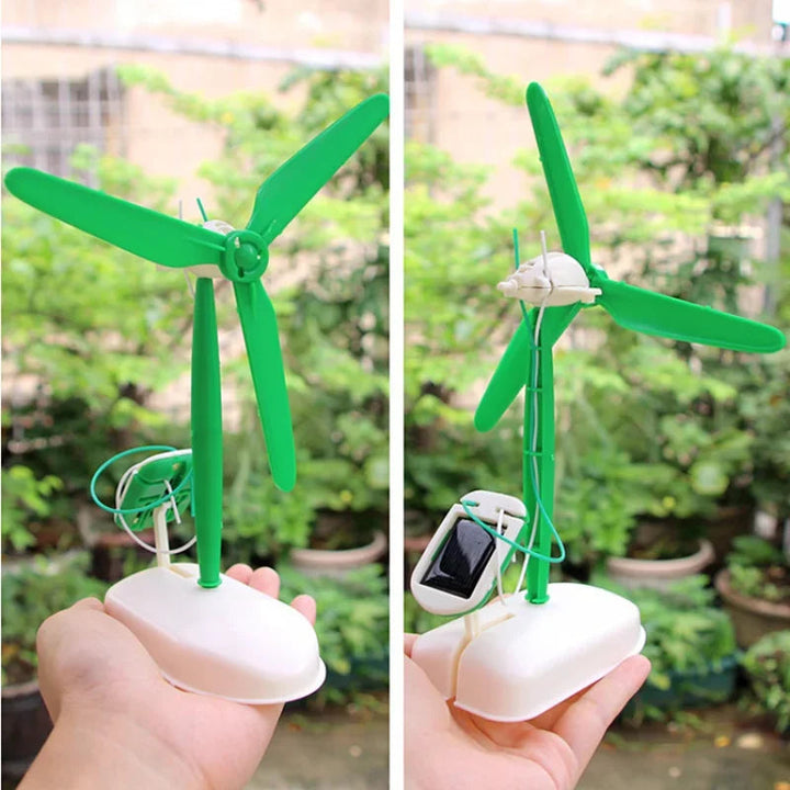 Two outdoor views of an assembled green and white windmill with a solar panel at its base
