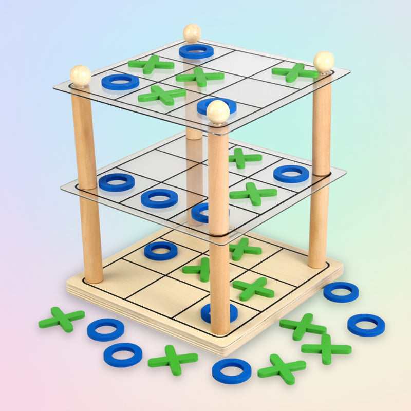 Assembled three-level tic-tac-toe game with loose green X and blue O pieces