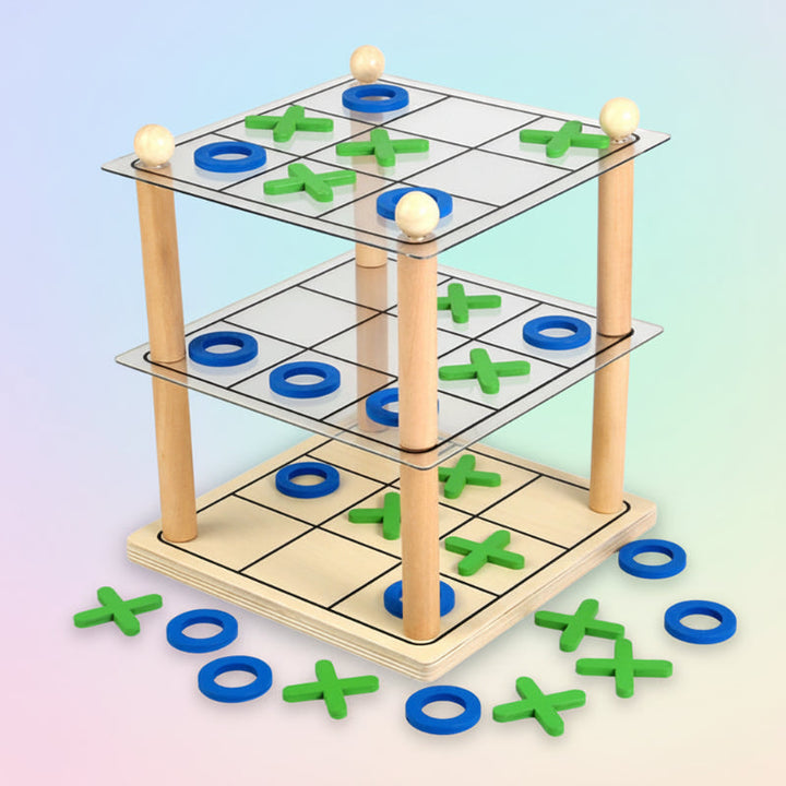 Assembled three-level tic-tac-toe game with loose green X and blue O pieces