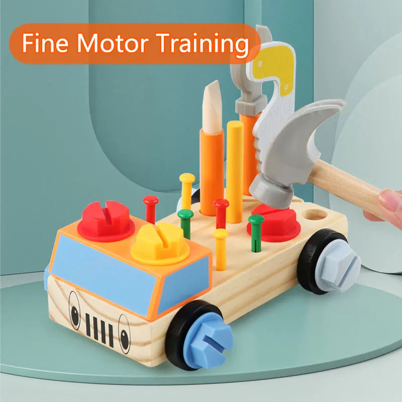 Wooden tool car with upright tools, red and yellow nuts, and colorful pegs