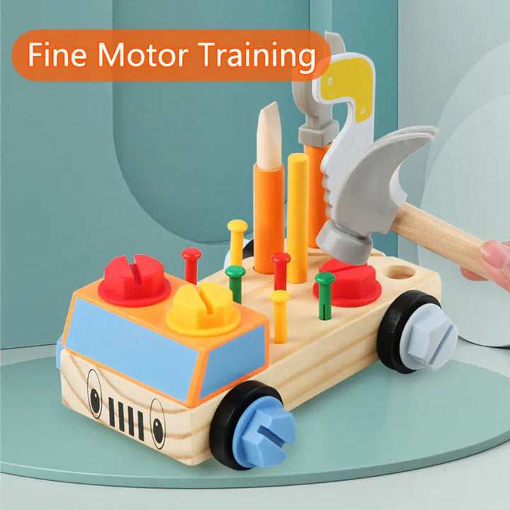 Wooden tool car with upright tools, red and yellow nuts, and colorful pegs