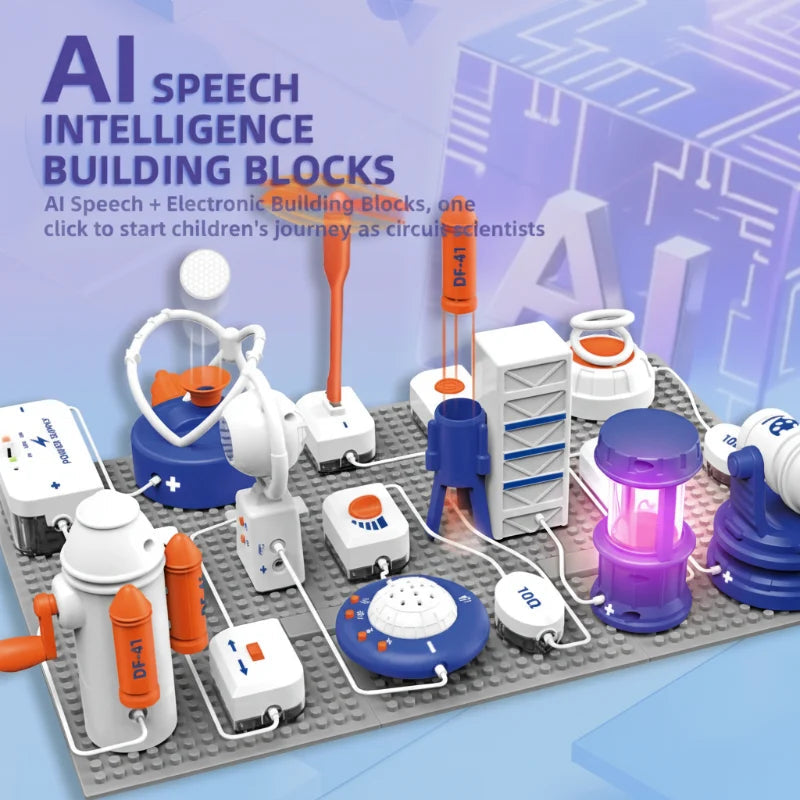 Assembled circuit building set with connected modules, a propeller and a glowing purple lamp