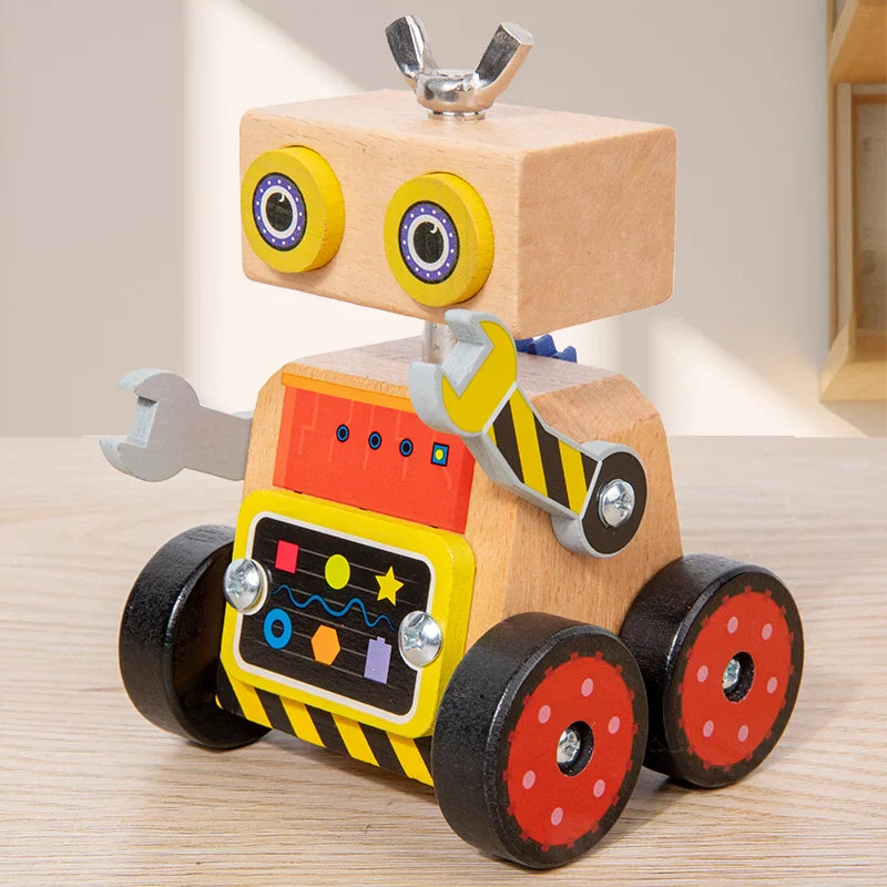 Assembled wooden robot with a colorful front panel, wrench-shaped arms, and red wheels